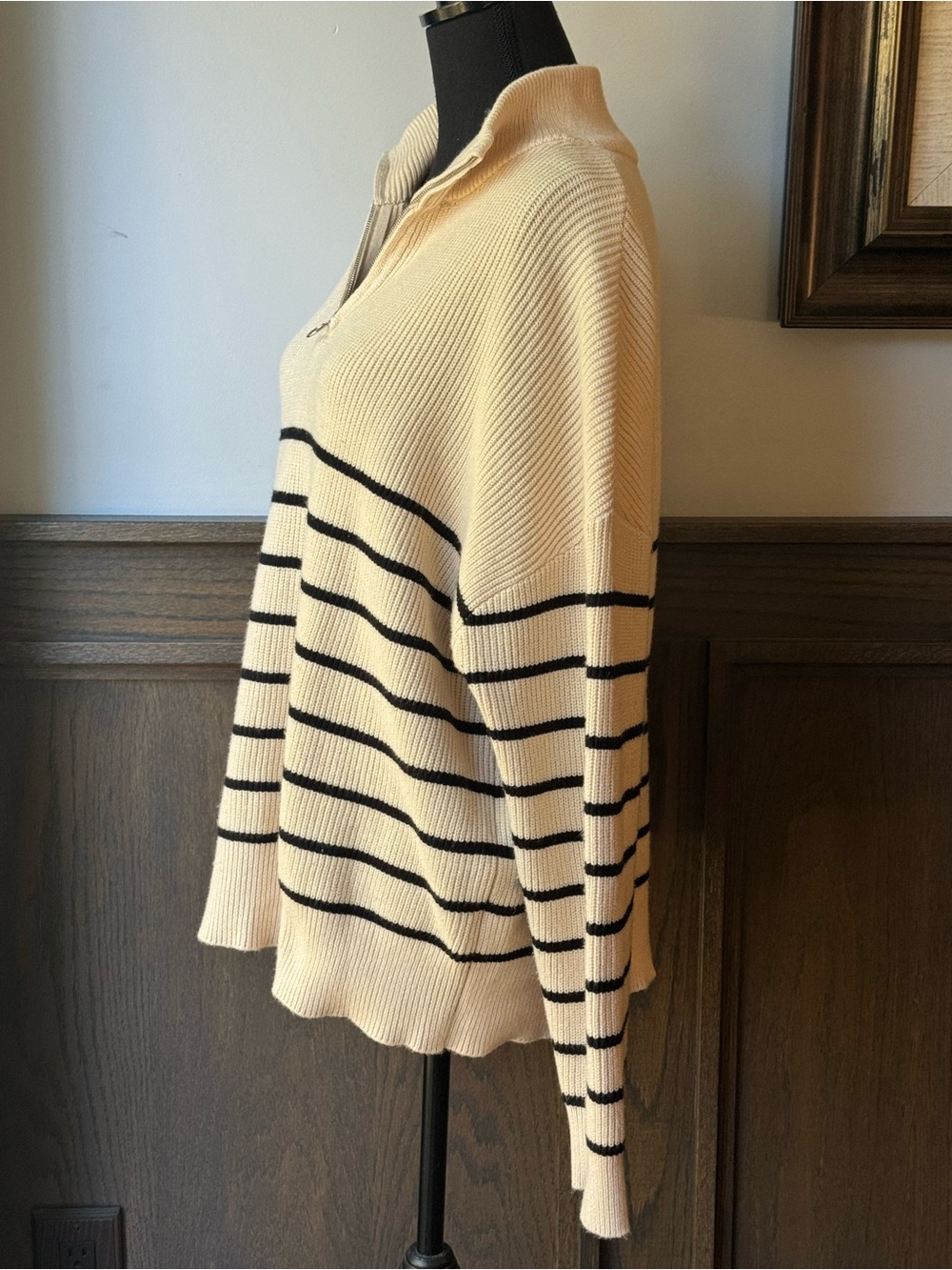 Quarter-Zip Striped Turtleneck Sweater - Cream/Black - Picture 4 of 8